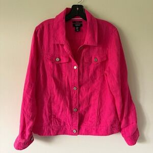 Jones & Co Jones New York Hot Pink 100% Linen Trucker Jacket Womens Med Fuchsia